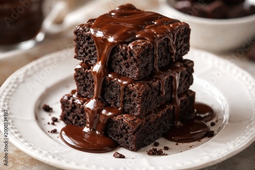 Chocolate brownies topped with thick chocolate sauce on elegant white dish