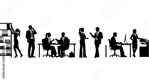 Business people silhouettes in various office working activities