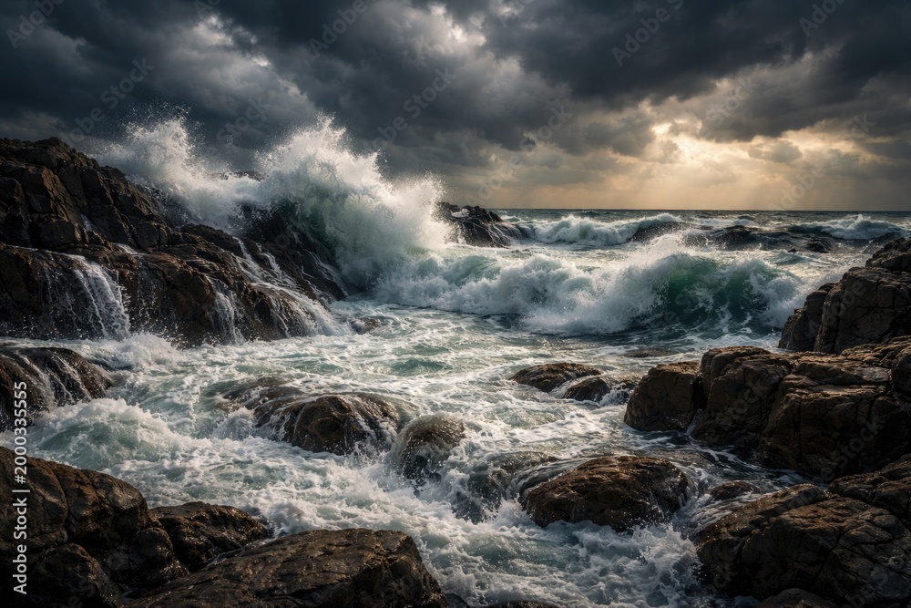 Fototapeta premium Turbulent ocean waters crashing along rocky shoreline under heavy clouds