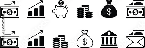 Money management icon set money bag and cash icon set finance banking and investment line icons representing savings income expenses and financial strategy for apps websites and corporate dashboards.