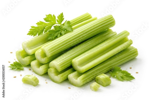 Healthy celery sticks presented on an unblemished white backdrop