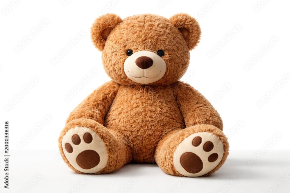Obraz premium A content big brown teddy bear placed on flat surface against a bright white backdrop