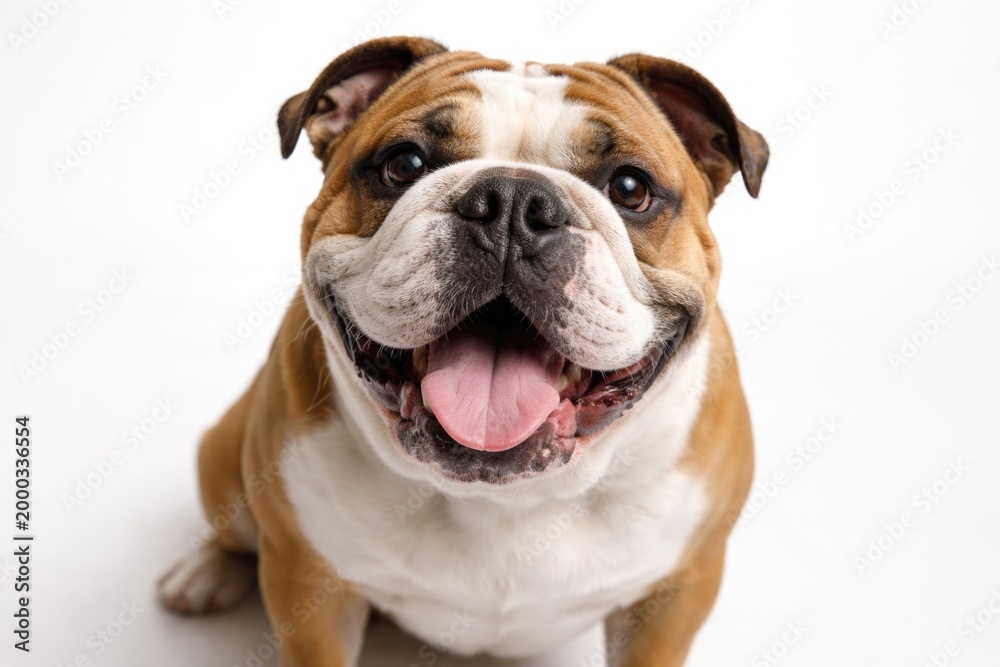 Obraz premium Happy bulldog making eye contact on smooth white studio backdrop