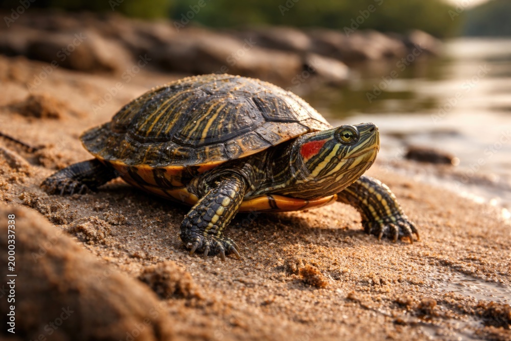 Obraz premium Curious red eared slider turtle crawling on sandy riverbank