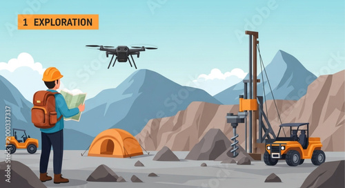 Mining exploration team using drone and drilling equipment.