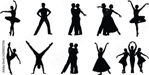 Variety of dance silhouettes featuring solo and couple performers, ballet, ballroom, and expressive poses showcasing elegance, rhythm, and artistry