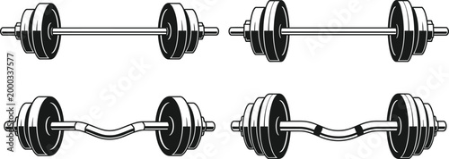 Collection of straight and curl barbells with weight plates, fitness equipment comparison, gym workout tools isolated in black and white