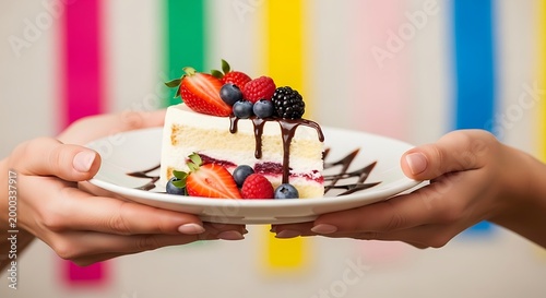 Hands Holding a Plate with a Slice of Fresh Mixed Berry Cake