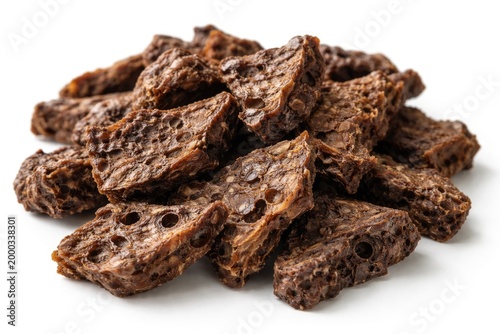 Close up of chewable dried beef lung treats for dogs with white background