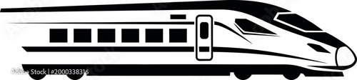 A striking black and white illustration of a modern high speed train showcasing sleek design and rapid transportation