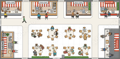 A bird's-eye view of a busy food court layout shows multiple food stalls and seating areas with people ordering and dining, illustrating a vibrant and diverse commercial space for food lovers.