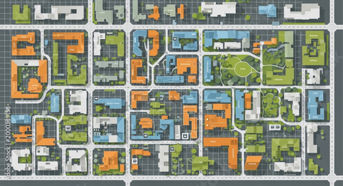Aerial view of urban planning design for a city block.