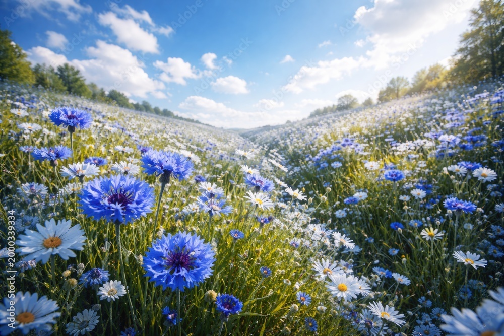 Obraz premium Blue floral meadow showcasing full bloom flowers under a crisp sky