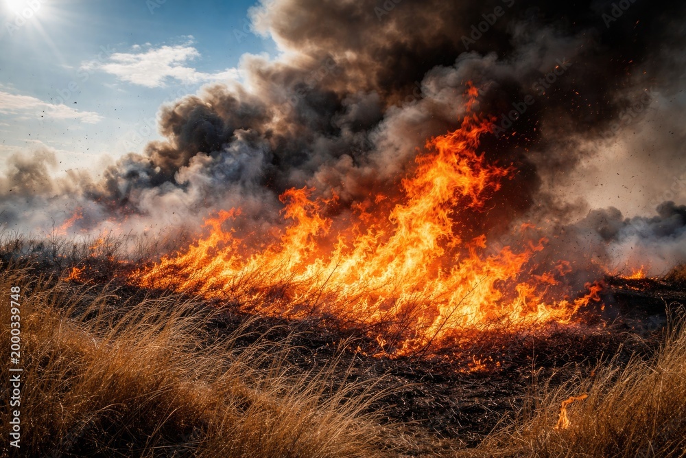 Fototapeta premium Dry grass fire blazing with smoke and ash under bright sunny sky causing ecological harm