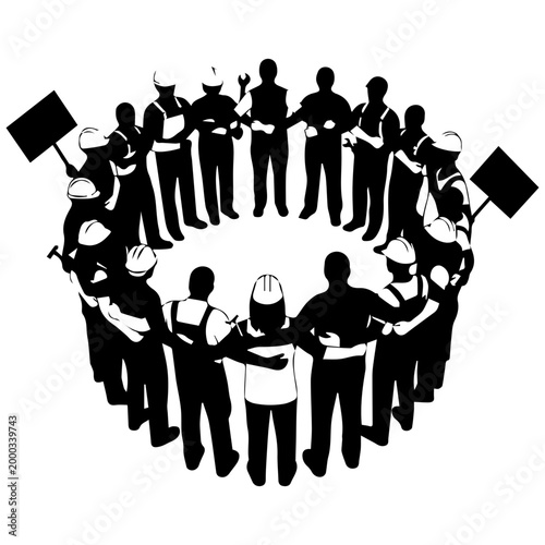 Diverse workers in solidarity, holding hands in a circle with signs, representing unity and protest.