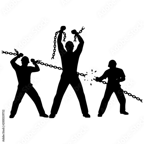 Silhouette of people breaking chains symbolizing freedom and liberation