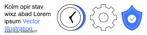 Time management, security services, workflow organization, productivity, efficiency, system protection. Clock, gear and shield icons in clean design. Time management and security services