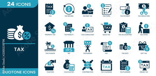 Tax icon set. Tax, tax refund, income tax, tax form, tax payment, taxation, VAT, tax accounting, tax deduction, tax planning. Duotone vector icons.