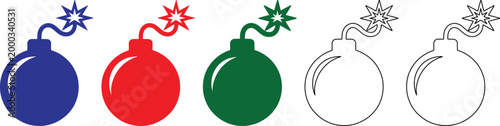 Colorful bomb icons in blue red green and black and white on white background