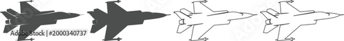 Four different shaded fighter jet airplanes flying in a row from left to right in various gray tones and line art styles