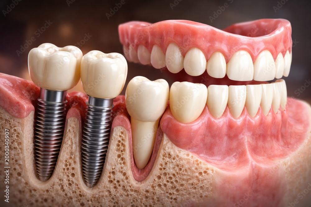 Obraz premium Conceptual dental diagram displaying crowns on implants alongside natural teeth and dentures