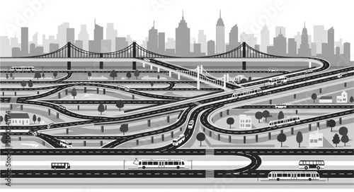 Complex urban transportation network with trains and bridges.