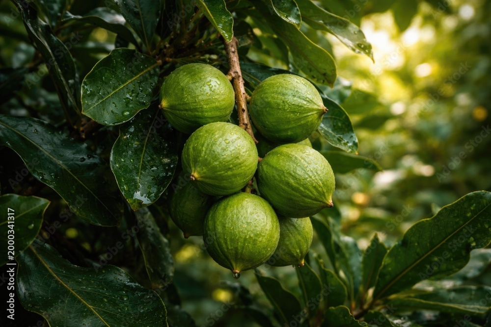 Fototapeta premium Early stage macadamia nuts growing on dense tree foliage