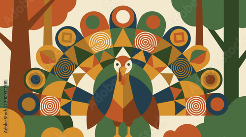 Vibrant Geometric Turkey Design with Abstract Forest Background, a Modern Stylized Avian Art Piece for Nature Enthusiasts