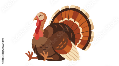 A charming illustration of a cartoon turkey with its feathers fanned out, sitting down comfortably, perfect for Thanksgiving and autumn themes