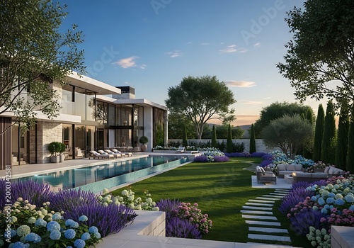 Modern Luxury Villa with Infinity Pool and Landscaped Garden at Sunset