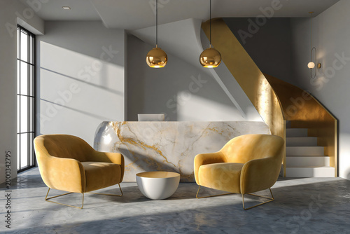 Lobby interior with gold marble reception desk, mustard yellow velvet armchairs, golden pendant lights and curved staircase in bright white and gray space.