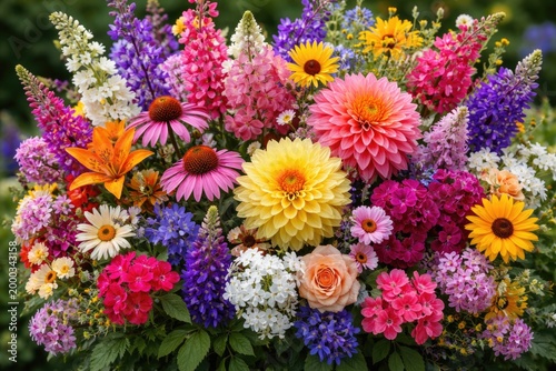 Full bloom perennial flowers gathered in a lively assortment of colors