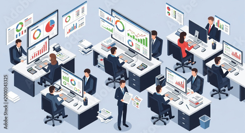 Modern office with employees working on computers and analyzing data.