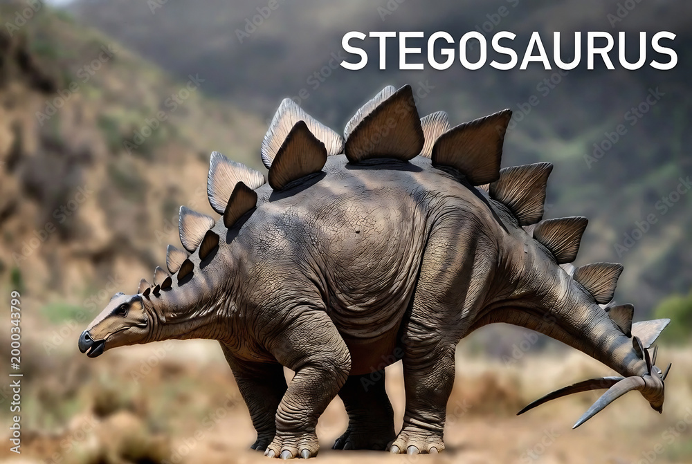 Fototapeta premium A realistic 3D model of a Stegosaurus is displayed against a rocky landscape.