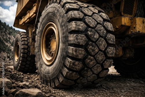 Close perspective on a large black tire from quarry transport machinery