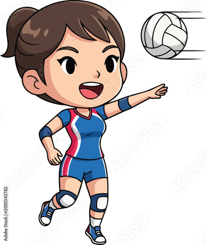 A girl in a blue sports uniform hits a volleyball with her right hand.