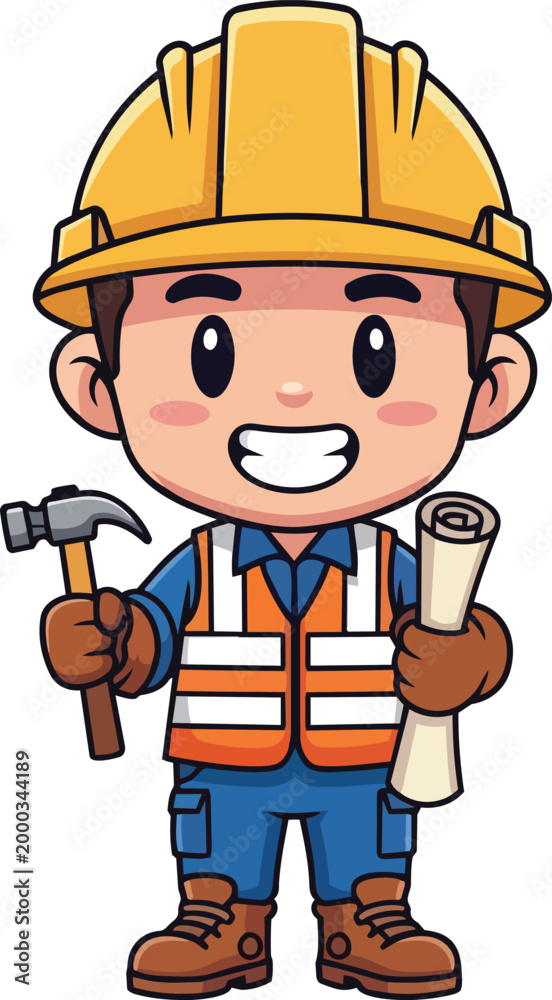 Fototapeta premium A cartoon construction worker wearing a hard hat holds a hammer and blueprints smiling.