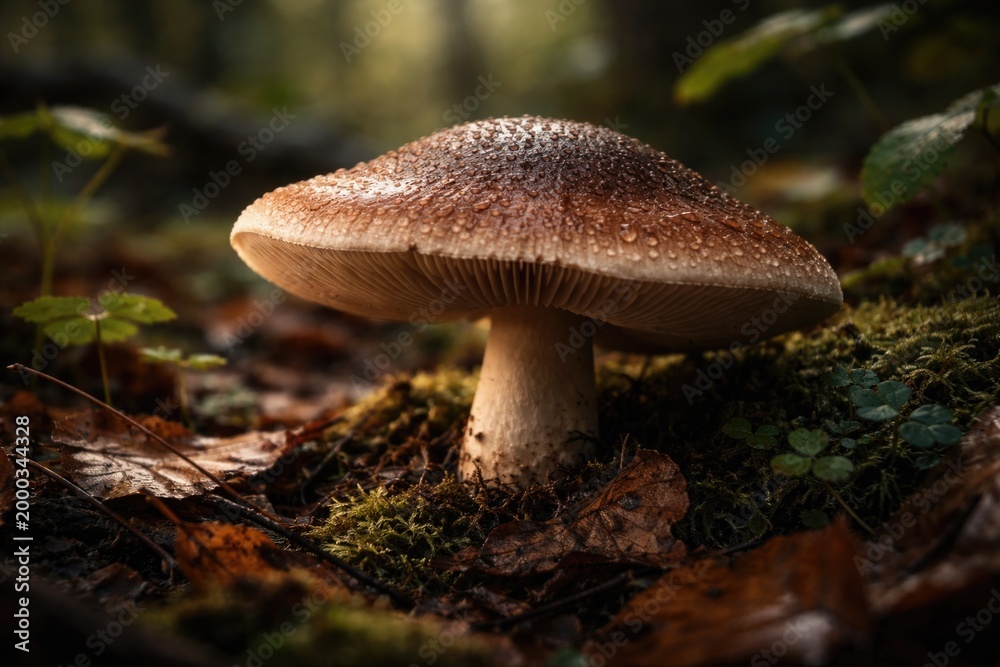 Fototapeta premium focused close up of a mushroom cap on leafy forest floor