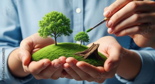 Hands nurturing a miniature world a symbol of environmental care and growth