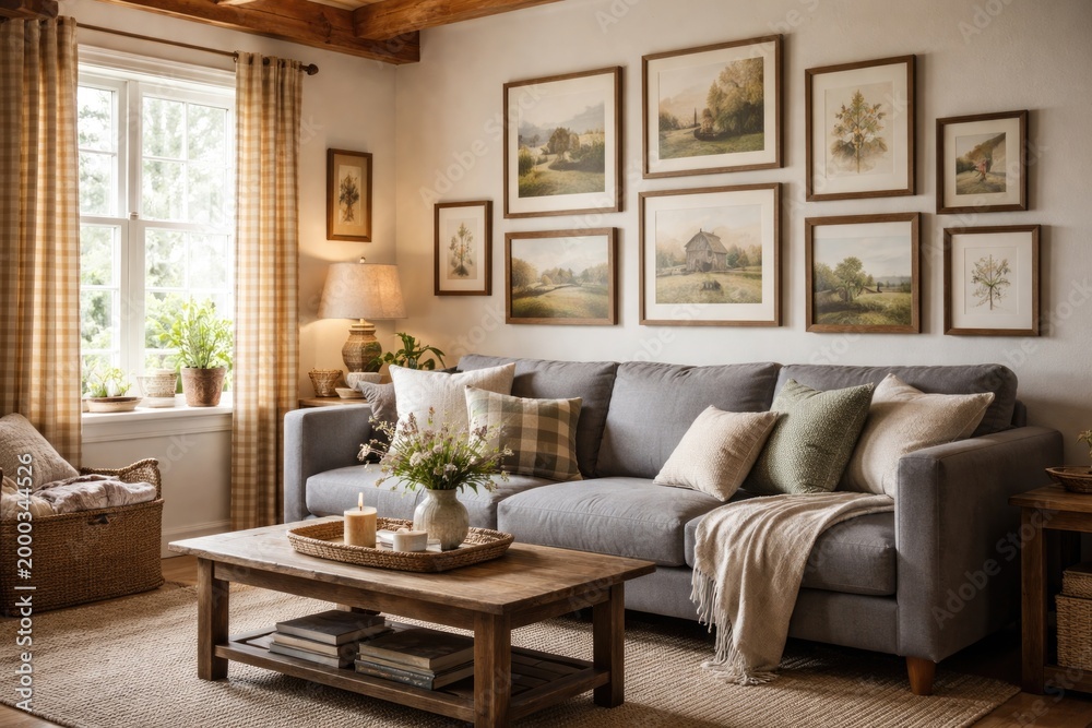 Fototapeta premium Charming country house room highlighting wall-mounted frames and a modern gray sofa with soft pillows