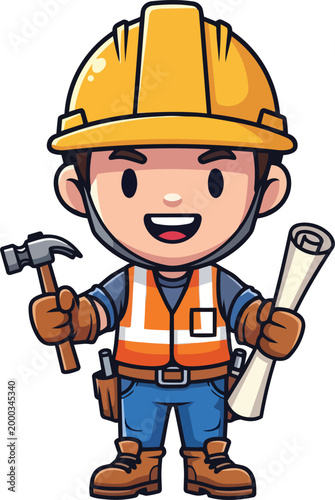 A smiling cartoon worker in a yellow hard hat and orange vest holds a hammer and blueprints at a construction site outdoors.