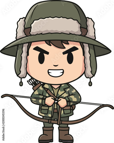 A cartoon character dressed as a hunter holds a bow and arrow aggressively outdoors.