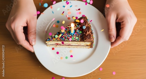 Slice of Birthday Cake with Sprinkles and Lit Candle with Falling Confetti