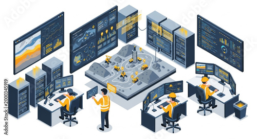 Modern Industrial Control Room with Servers and Monitors.