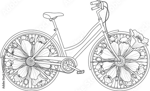 Intricate black and white line art illustration of a classic vintage bicycle featuring beautiful blooming flowers tucked elegantly inside the spinning wheel spokes for design