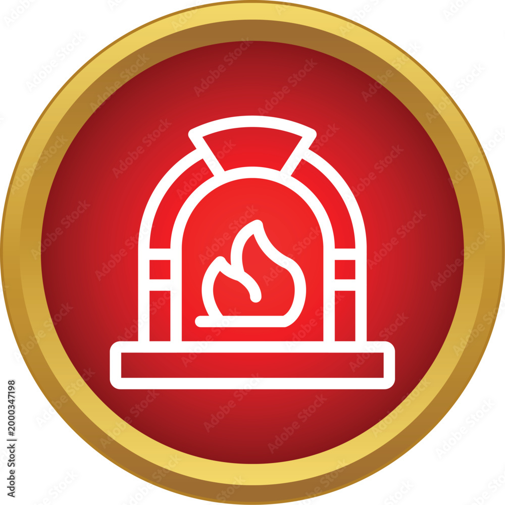 Obraz premium Wood fired oven icon on a red and gold circular background with a burning flame