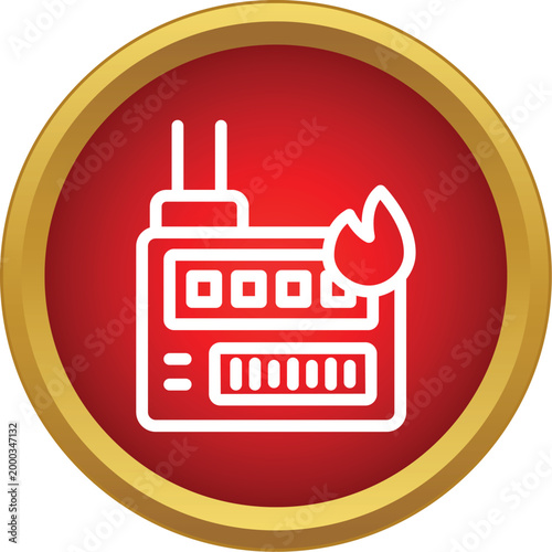 Walkie talkie radio showing a flame icon on a red and gold button