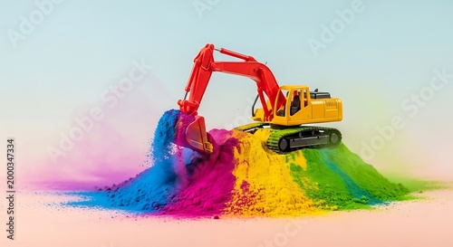 Toy excavator digging into a vibrant pile of multi-colored rainbow powder