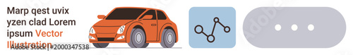 Transportation, data analysis, technology interface, communication, modern graphics, automotive concepts. Orange compact car next to a graph icon and ellipsis. Transportation and data analysis
