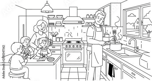 Happy family members spending time together in the kitchen while father cooks a delicious meal and children draw pictures at the wooden table during daytime